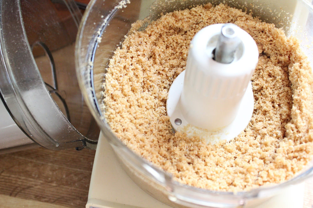 Graham cracker crumbs in a food processor.