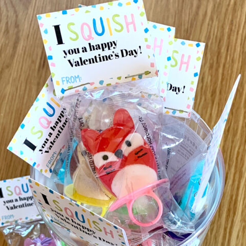 Printable Squishmallow valentine's card attached to ring pop bags.