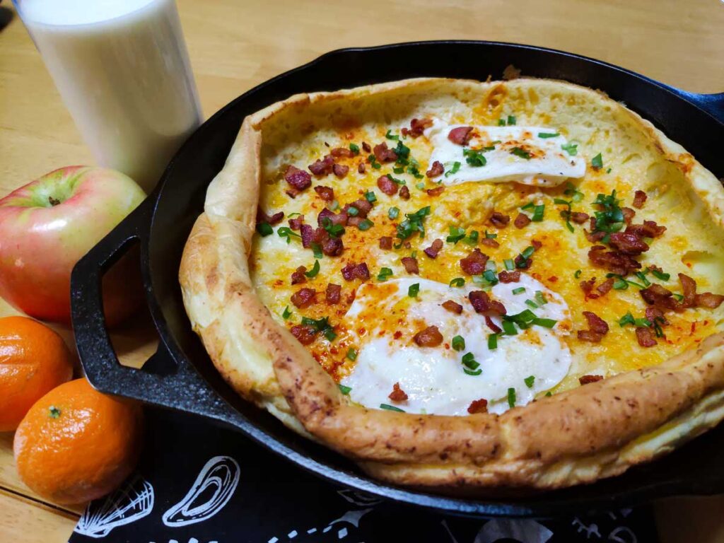Bacon, egg, and cheese Dutch baby from Oh For The Love Of Food.