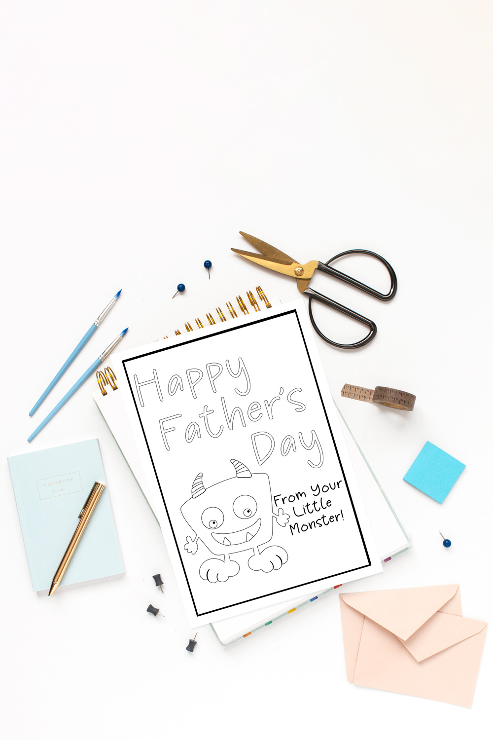 Black and white greeting card illustration that reads "Happy Father's Day from your little monster!"