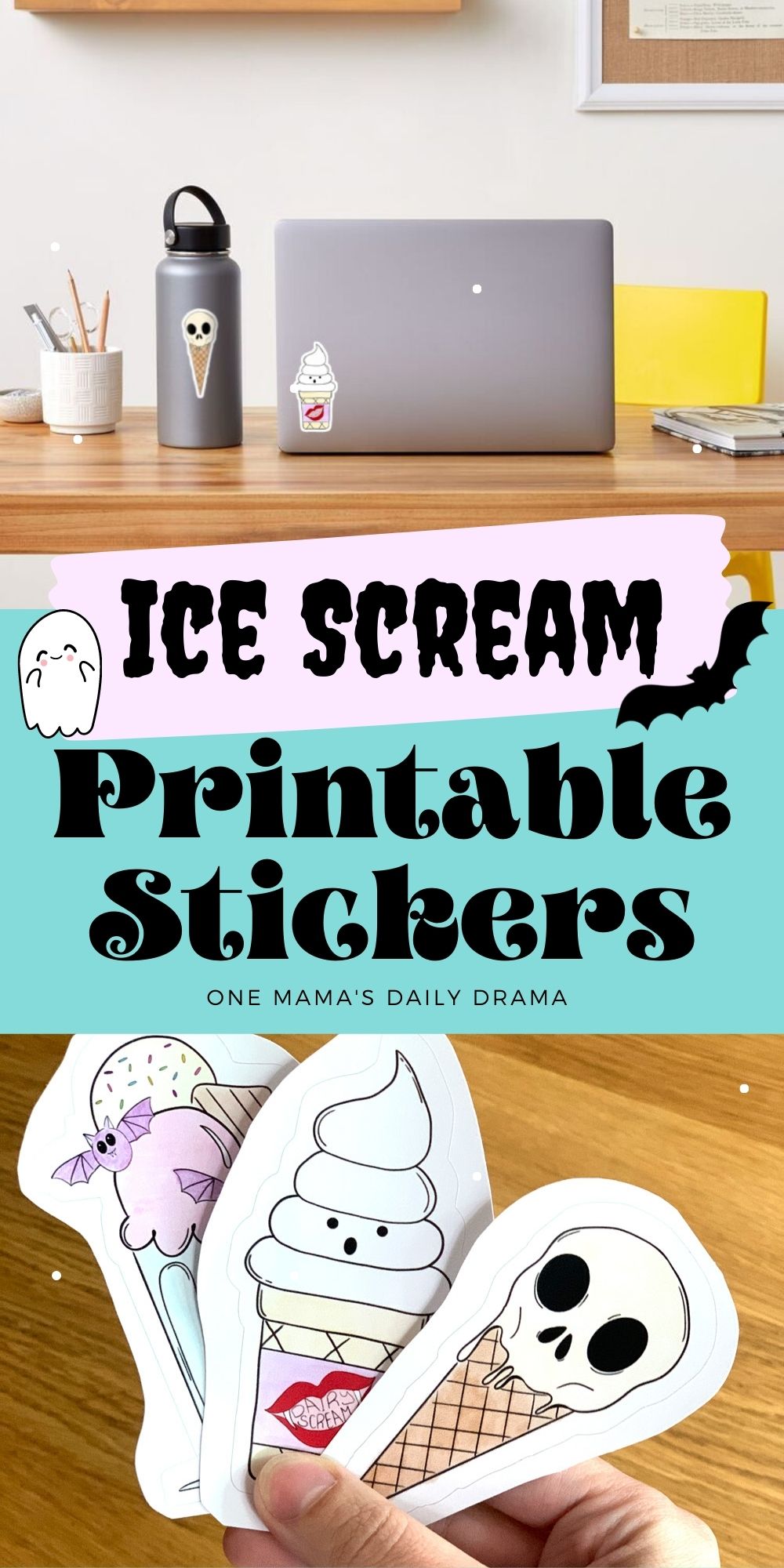Ice scream printable stickers stuck on a water bottle and laptop and then a closeup of printed details.