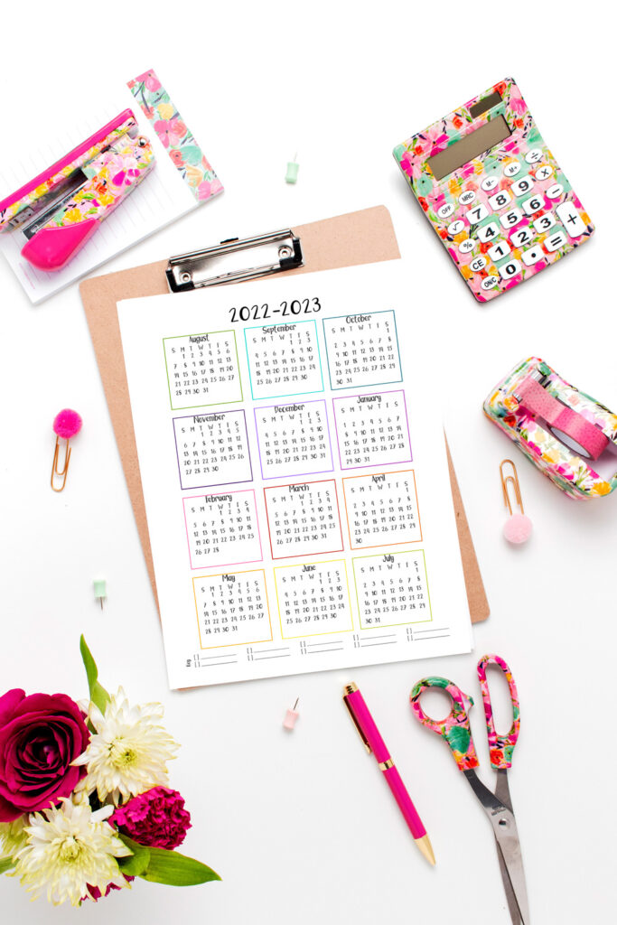 Academic calendar with dates from August to July.