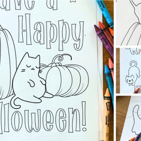 Collage of 4 Halloween cat coloring pages with simple cats, pumpkins, and lettering.
