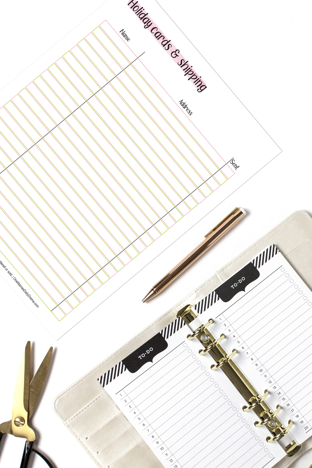 Holiday cards and shipping list with space for name, address, and to check when sent.