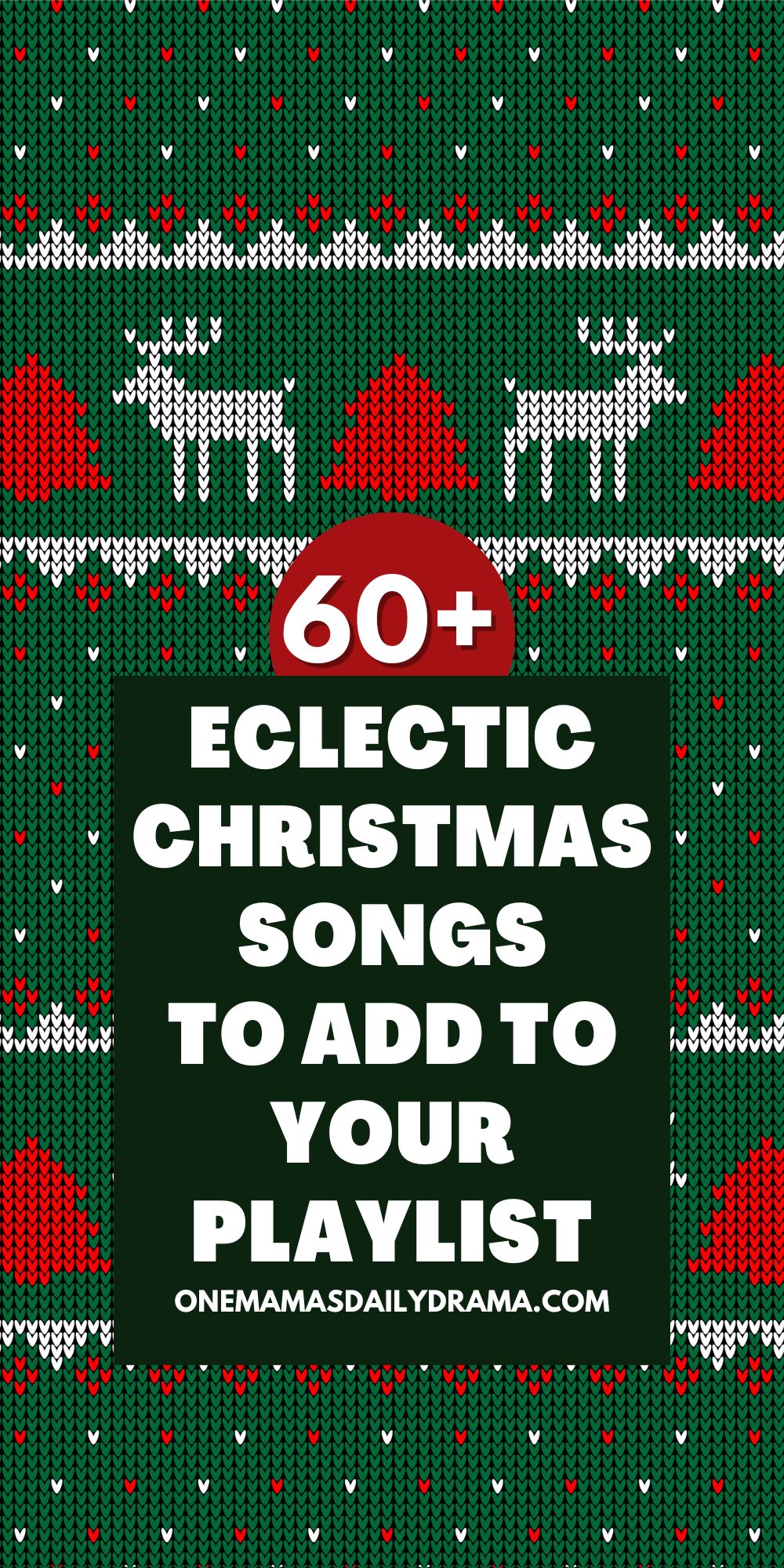 Ugly Christmas sweater pattern with text overlay that reads "60 eclectic Christmas songs to add to your playlist."