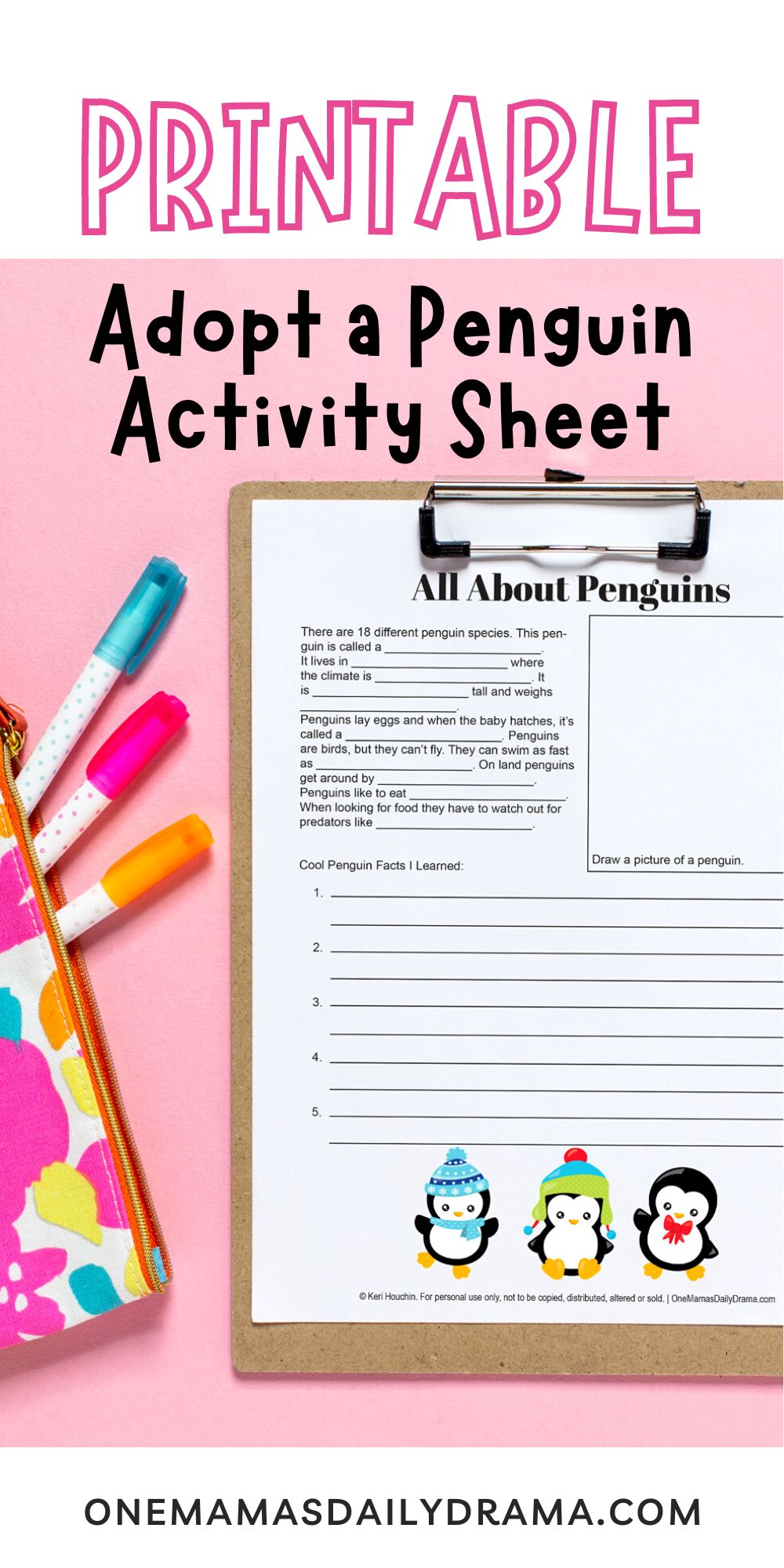Printable adopt a penguin activity sheet.
