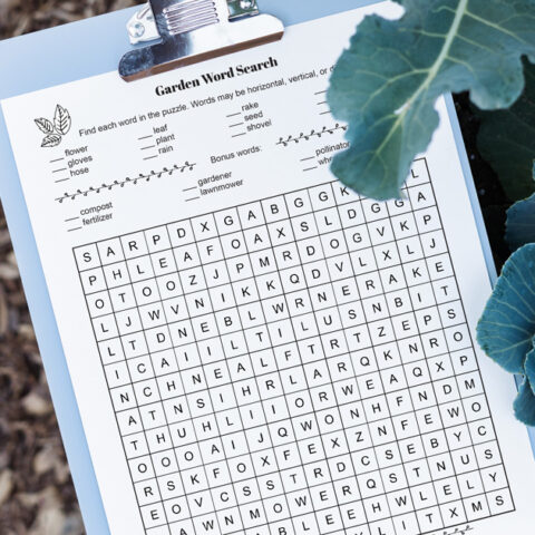Garden word search with 18 words on a clipboard.
