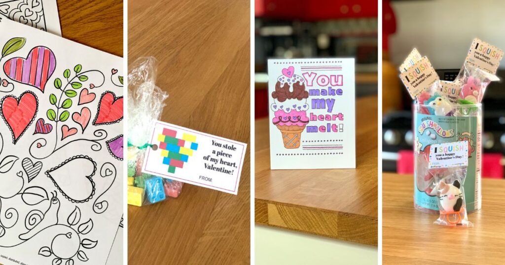 Collage of 4 printable valentines including a coloring page, LEGO tag, coloring card, and sucker label.