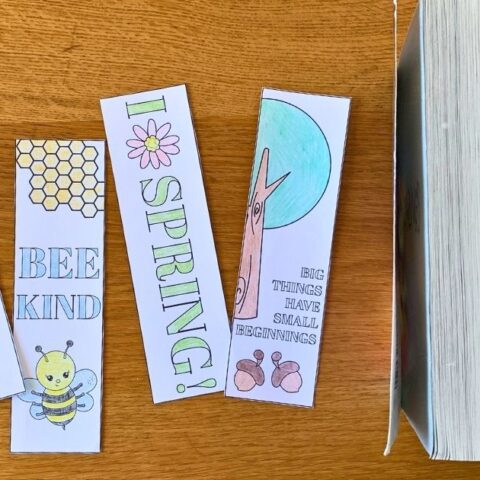 Spring printable bookmarks to color with flowers, bees, butterflies, and oak trees.