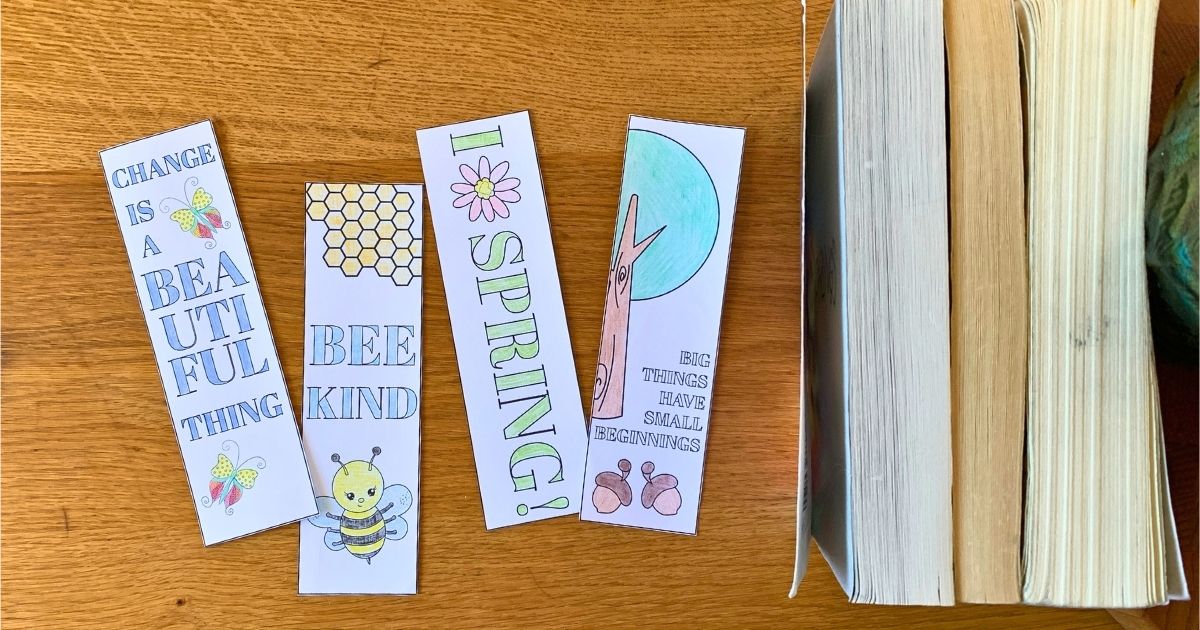 Spring printable bookmarks to color with flowers, bees, butterflies, and oak trees.