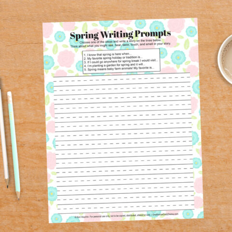 Spring writing prompt with 5 ideas and blank dotted lines for writing on a page with a blue and pink floral background.