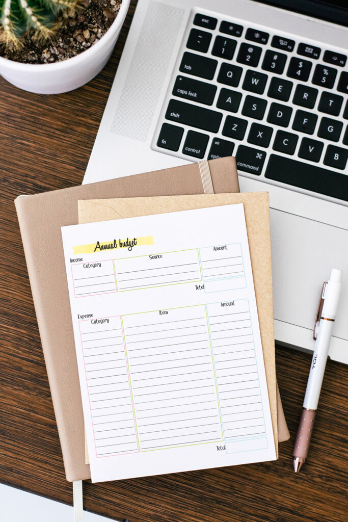 Annual budget worksheet with income and expenses by category.