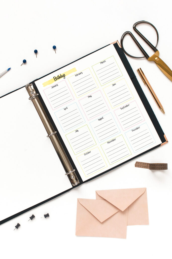 A 12-month grid calendar for writing birthdays.