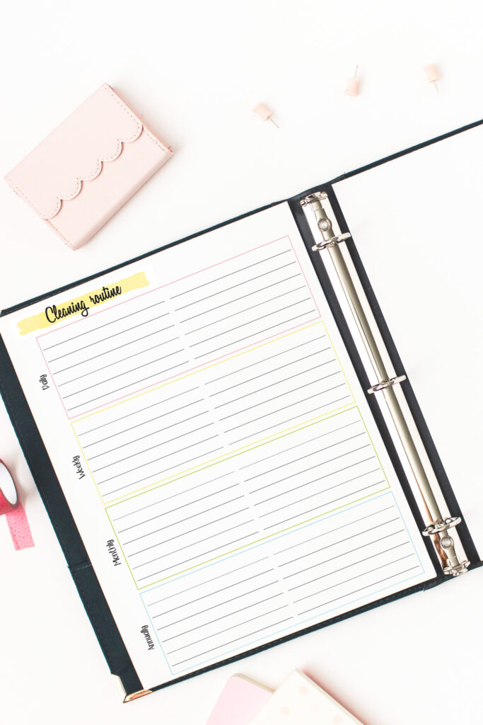 Cleaning routine list with lines for daily, weekly, monthly, and annual chores.