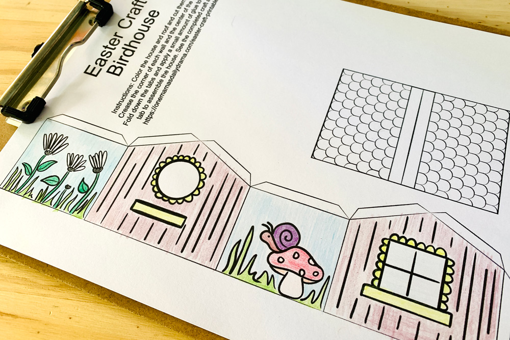 Easter craft birdhouse coloring page with a door, window, flowers, and a snail on a mushroom on each of the 4 walls.