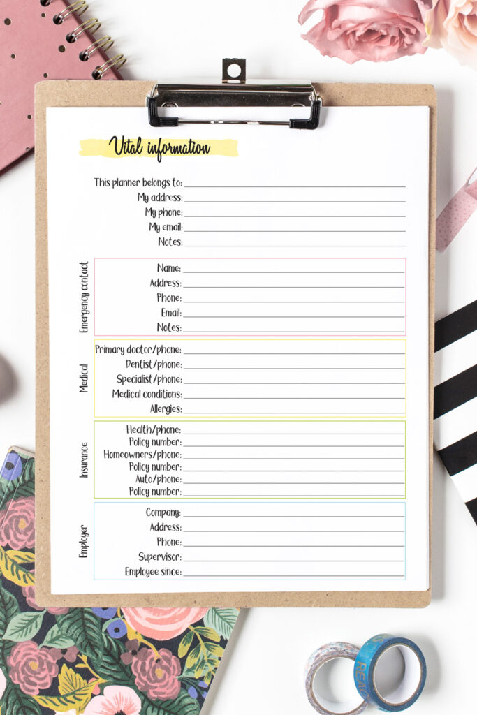 Vital information printable with lines for emergency contact information, medical, insurance, and employer info.