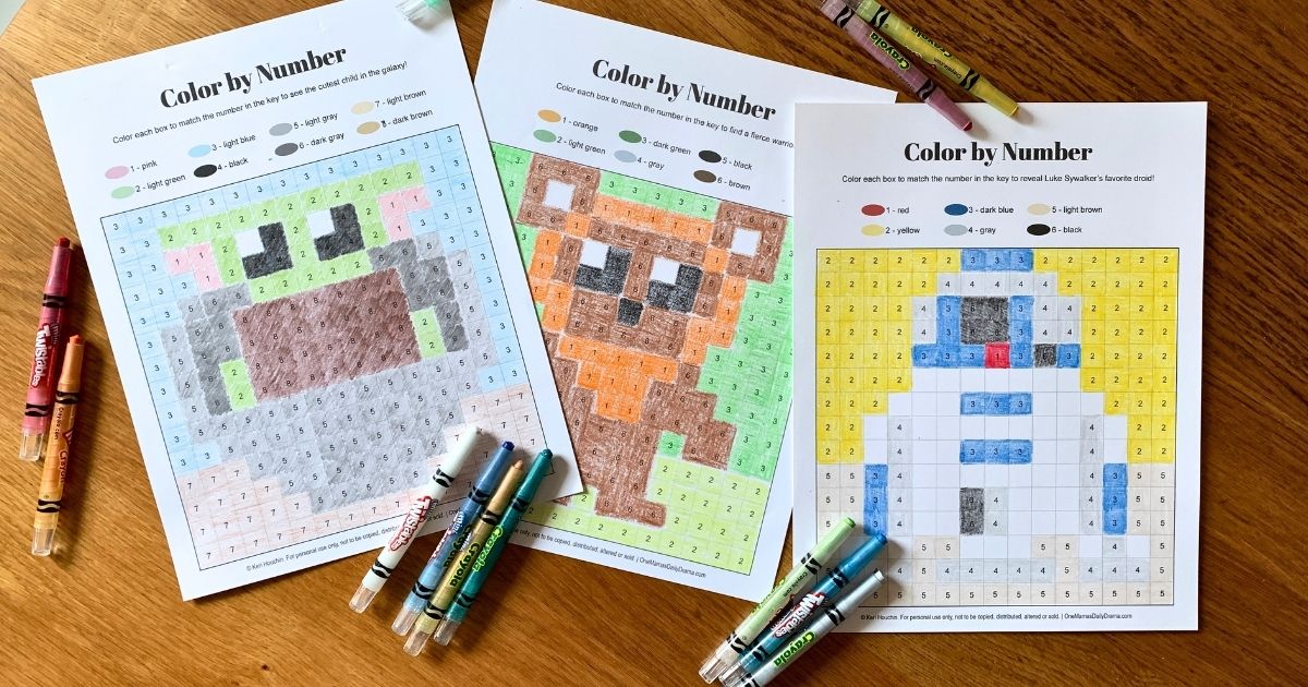 3 Star Wars color by number pages with baby Grogu, Wicket the ewok, and R2D2.