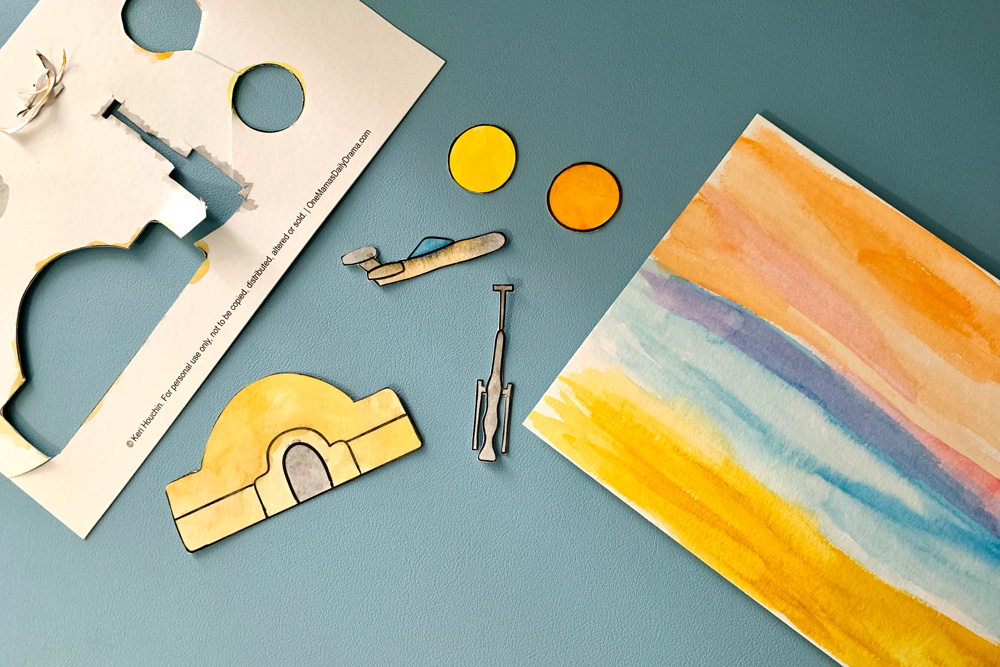 A desert landscape watercolor background beside a yellow painted house, two suns, and a gray speeder and moisture evaporator.