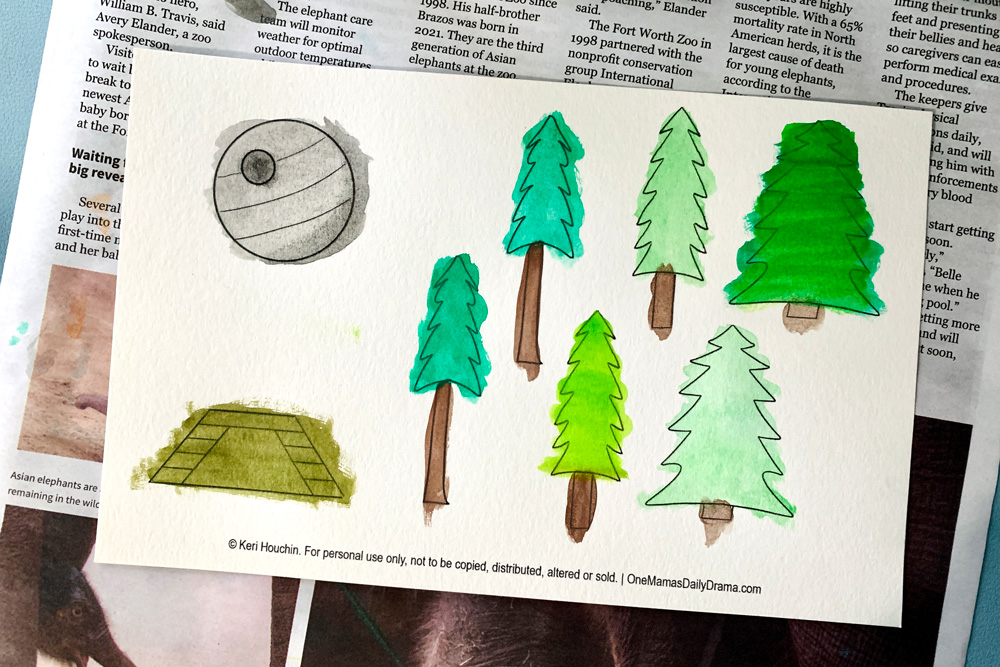 Gray watercolor Death Star, green and brown trees, and a gray-green bunker entrance.