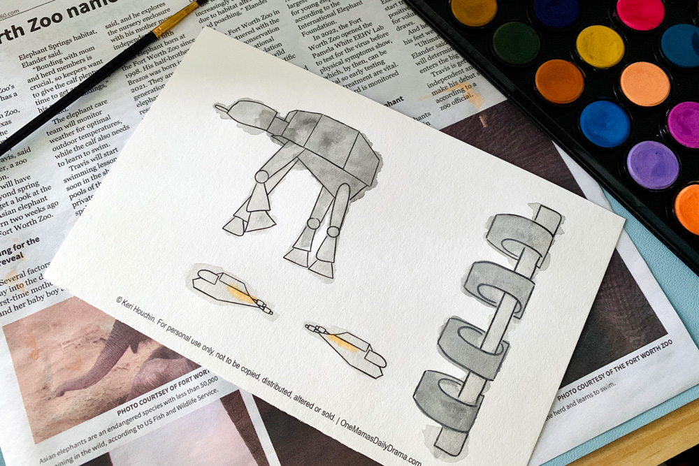 Gray watercolored AT-AT, shield generator, and two snowspeeders.