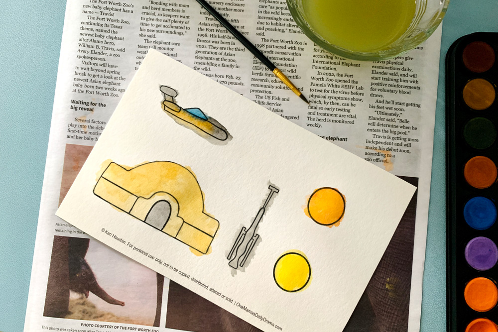 Watercolor painted tan hut, gray moisture evaporator, landspeeder, and twin suns in orange and yellow.