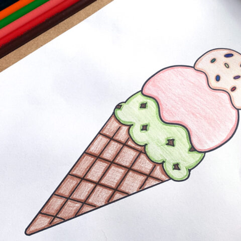 Ice cream cone coloring page with 3 scoops in a waffle cone.