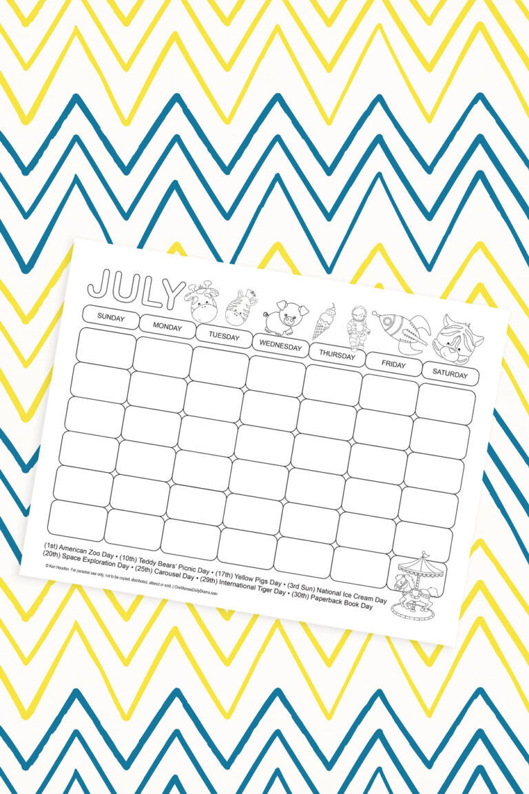 July Holidays Printable Coloring Calendar for Kids