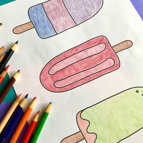 Popsicle coloring page with 3 patterned ice pops on sticks.