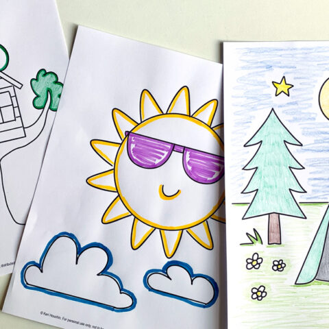 Summer coloring pages including a treehouse, sun wearing glasses, and camping under the stars.