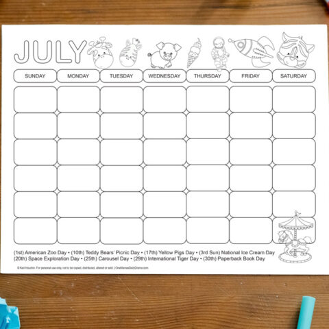 July holidays calendar with a list of weird holidays and illustrations.