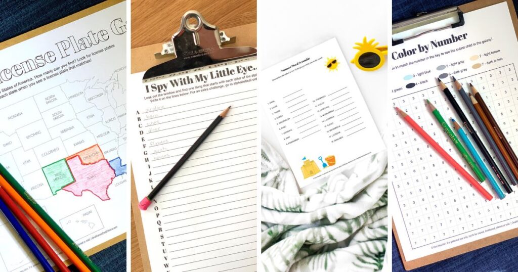 Collage of printable road trip games including a license plate map, I spy alphabet list, beach word scramble, and pixel color by number.
