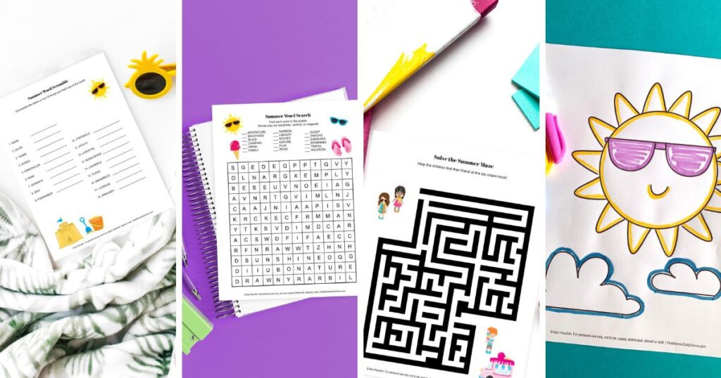 Collage of summer activity worksheets including a word scramble, word search, maze, and sun coloring page.