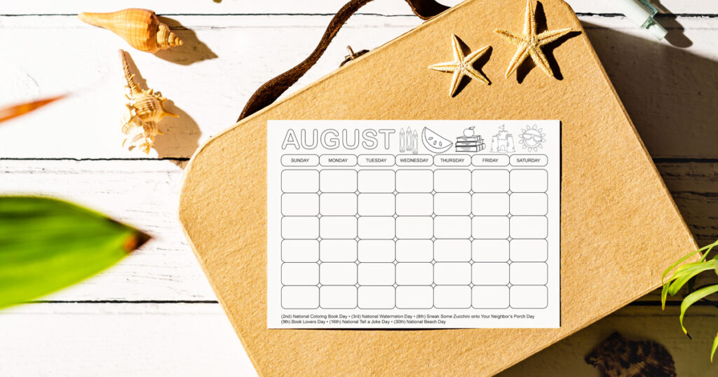 August holidays coloring calendar with blank boxes and clipart illustrations.