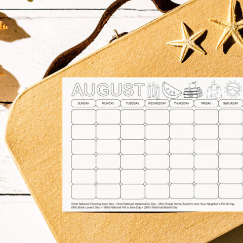 August holidays coloring calendar with blank boxes and clipart illustrations.