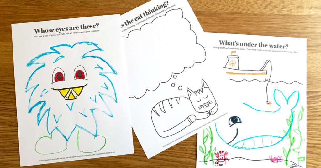 3 drawing prompts with a pair of eyes, a cat with a dream bubble, and a boat on the water.