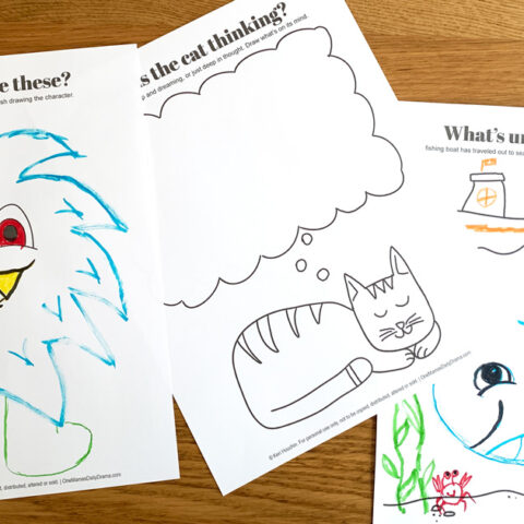 3 drawing prompts with a pair of eyes, a cat with a dream bubble, and a boat on the water.