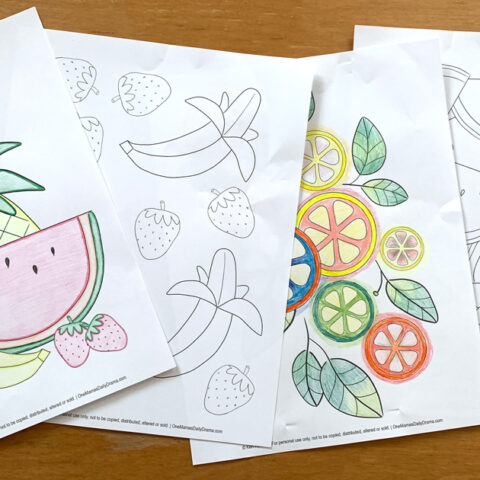 Printable tropical summer fruit coloring pages.
