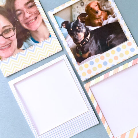 Paper picture frames shaped like classic Polaroid squares.