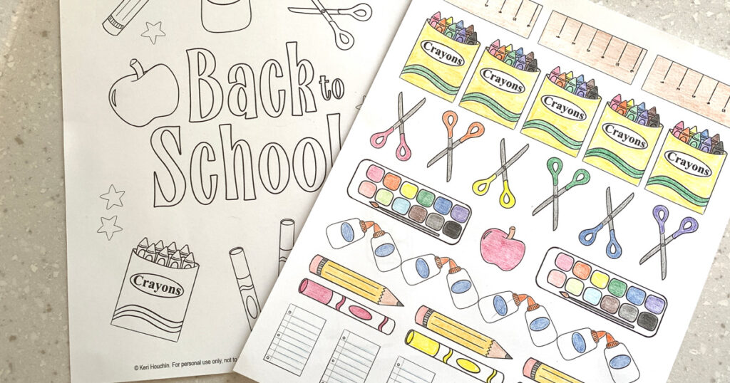 Back to school coloring pages with supply illustrations.