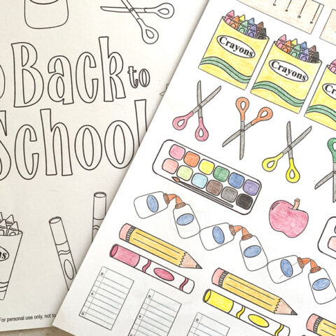 Back to school coloring pages with supply illustrations.