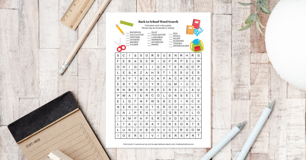 Back to school word search printable with 18 school supplies named.