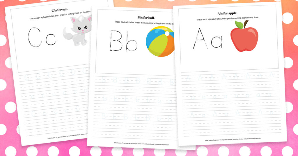 Preschool tracing worksheets with lines to write letters A, B, and C illustrated with an apple, ball, and cat.