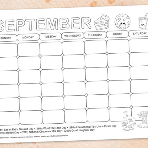 September holiday calendar to color.