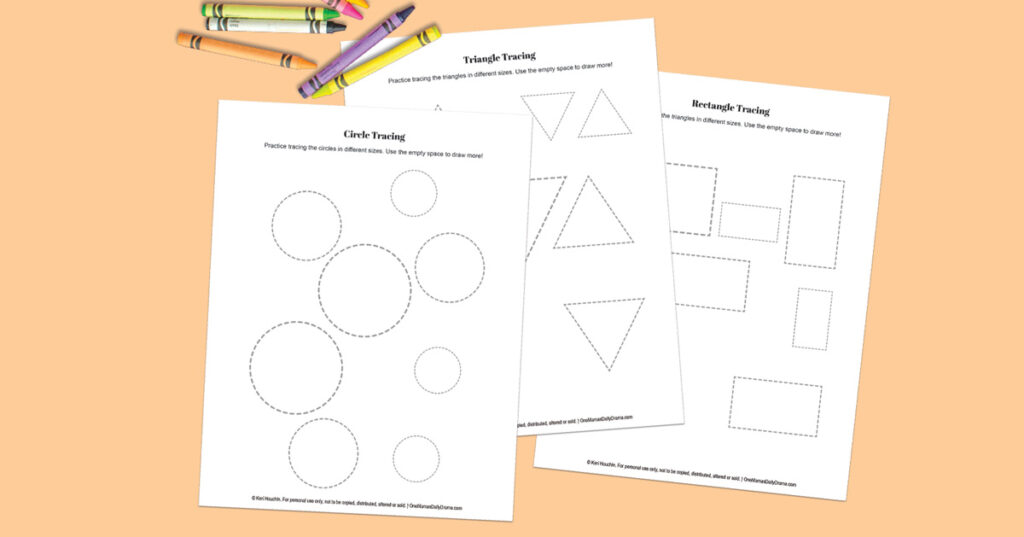 3 shape tracing worksheets to practice drawing a circle, triangle, and rectangle.