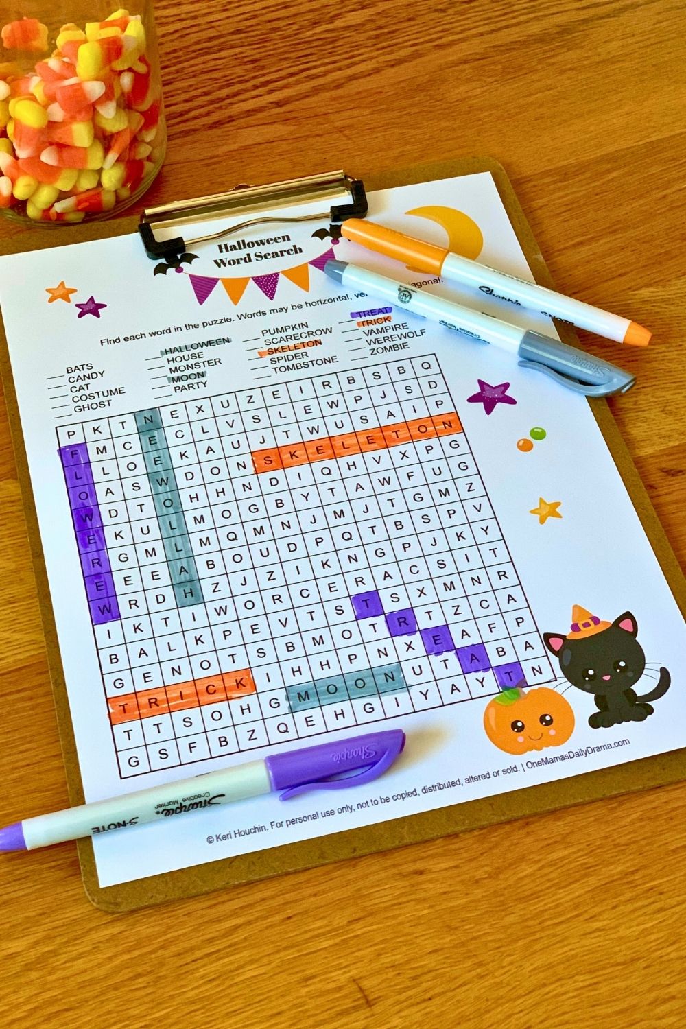 Halloween word search grid with 20 words to find.