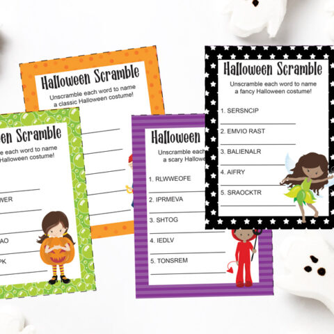 4 printable Halloween word scramble cards, each with a colorful border and illustration of a child wearing a costume.