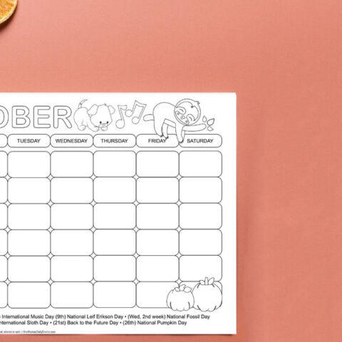 October holiday calendar with a list of silly holidays and clipart dog, music notes, sloth, and pumpkins.