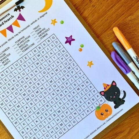 Halloween word search grid with 20 words to find.