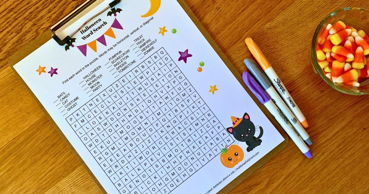 Halloween word search grid with 20 words to find.