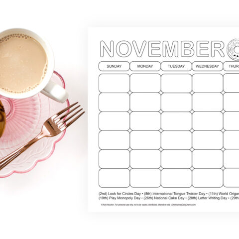 Blank November holidays coloring calendar with silly events and illustrations.